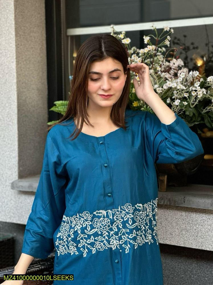 2 Pcs Women's Stitched Arabic Lawn Embroidered Shirt And Trouser