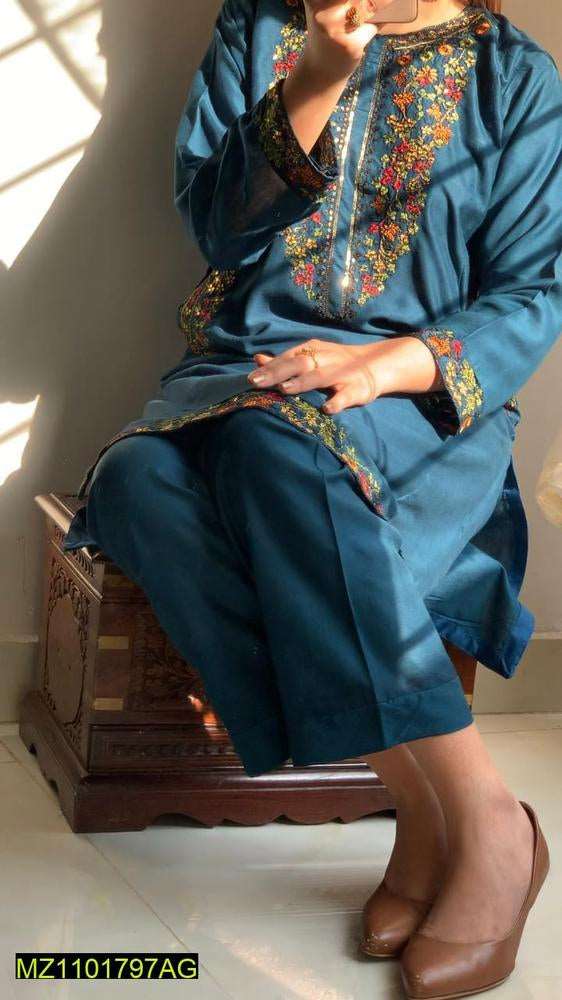 2 Pcs Women's Stitched Linen Embroidered Suit