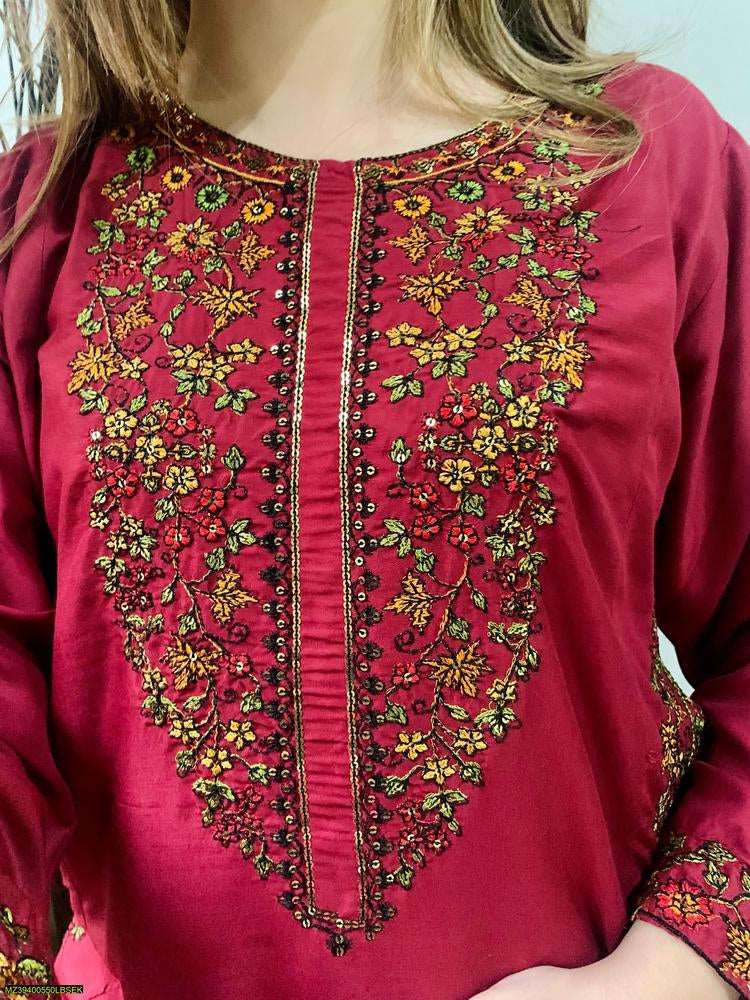 Women's Stitched Linen Embroidered Suit 2 Pcs
