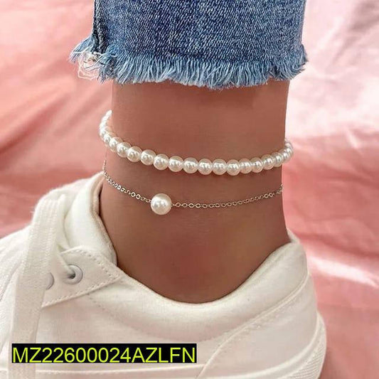 2 Pcs Alloy Silver Plated Pearl Stone Anklet