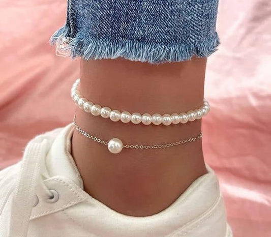 2 Pcs Alloy Silver Plated Pearl Stone Anklet