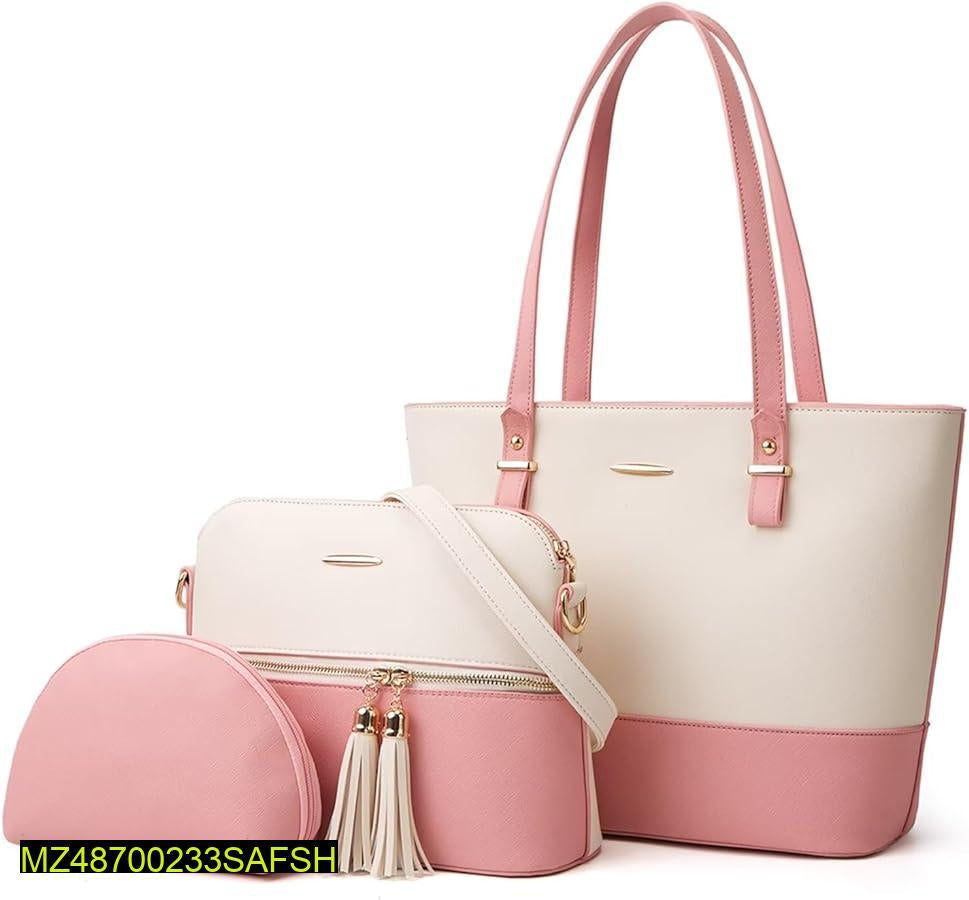 Women's PU Leather Plain Top Handle Shoulder Bag 3 Pcs