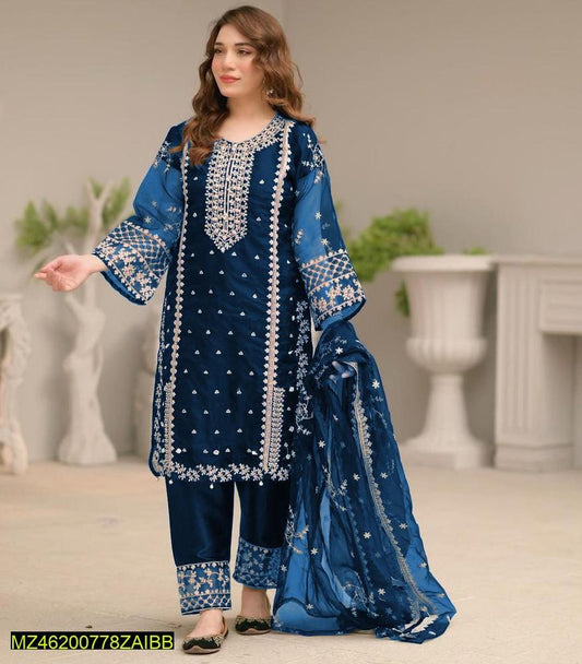 3 Pcs Women's Stitched Organza Embroidered Suit