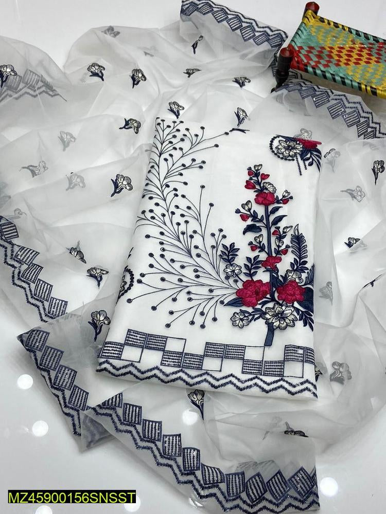Women's Unstitched Khaddi Net Embroidered Suit 2 Pcs